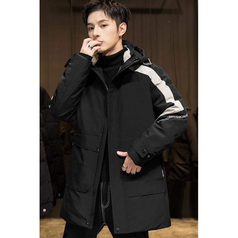 Mens Mid-Length Hooded Down Jacket Winter Warm Thick Puffer Coat Streetwear Style Youth
