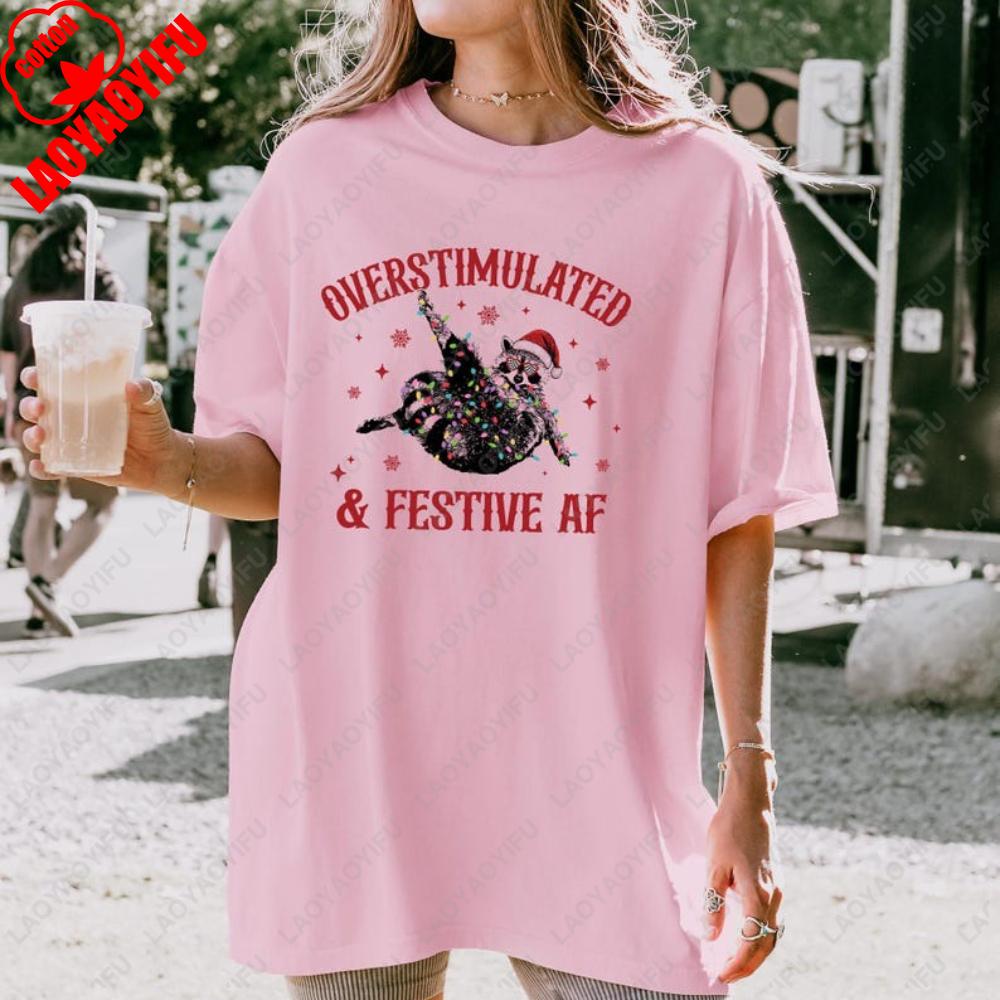 Overstimulated And Festive Af Christmas Raccoon Santaclaus Shirt Funny Christmas Holiday Tshirt Humor Gift Unisex Unisex Cotton Tops
