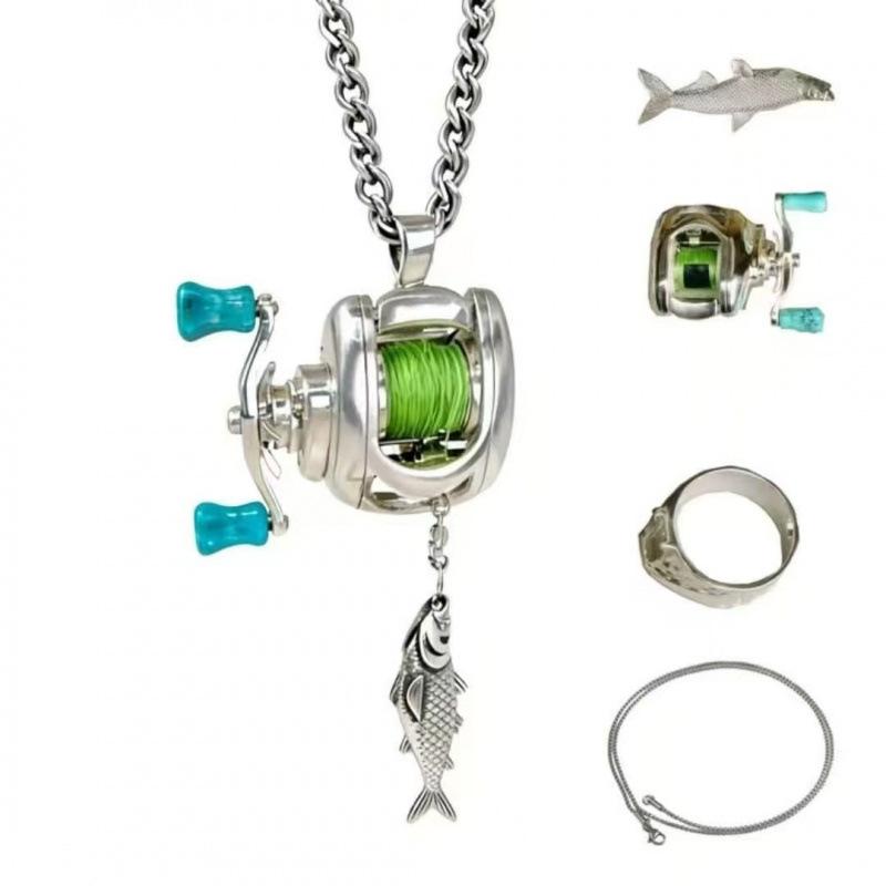 Rotatable Mini Fishing Reel Pendant Necklace Set 3-Piece Cool Lure Fishing Jewelry Kit Unique Rotating Reel Charm Accessories