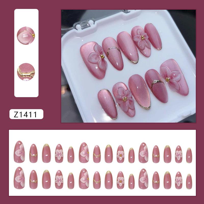 Three-dimensional cat's eye gilt French lines smudged pink and purple flowers gentle, wind removable wearing armor 30 pieces