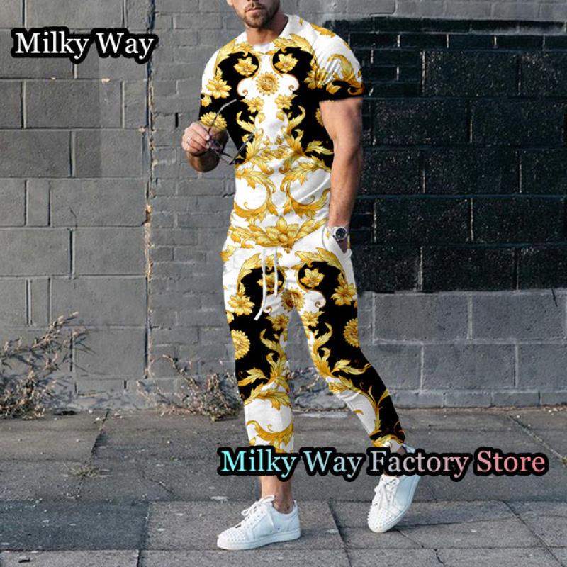 Роскошный мужской спортивный костюм с принтом цепочки, летний комплект из 2 предметов, футболка и брюки, винтажный спортивный костюм, мужская модная одежда, ретро наряд