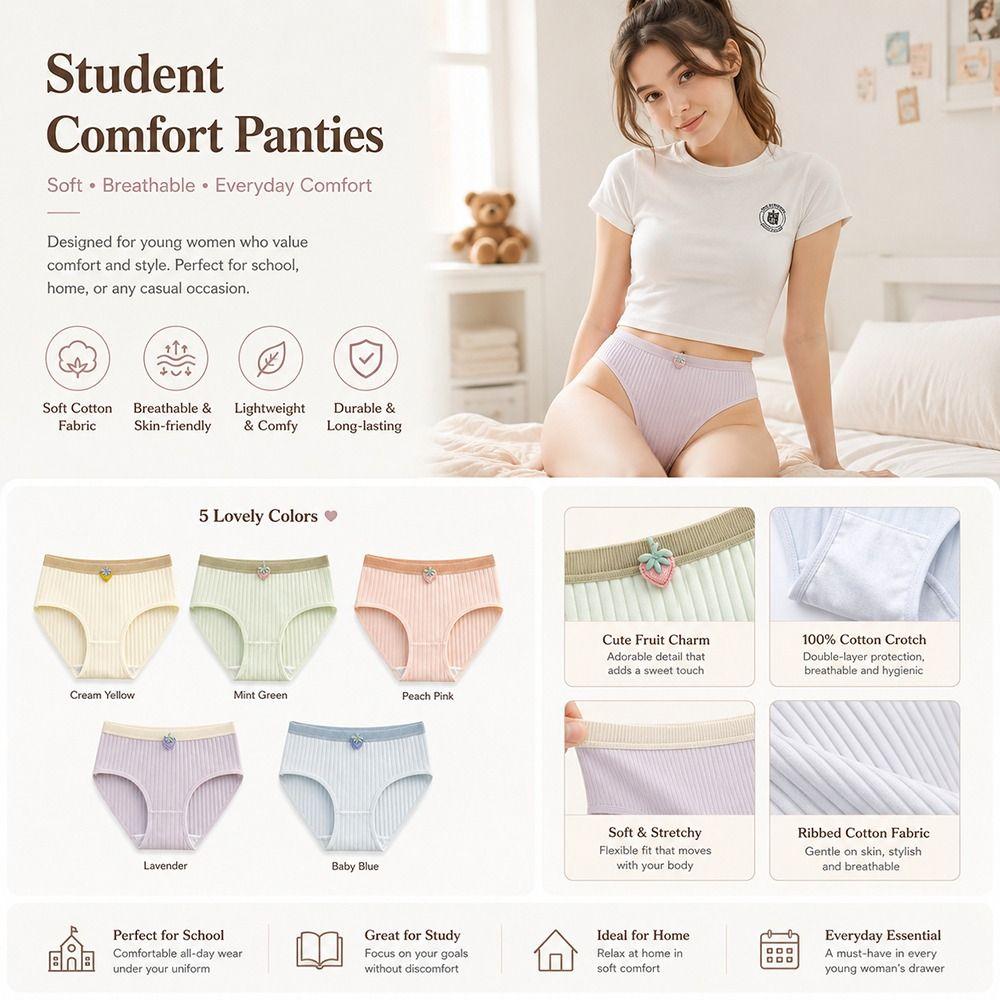 5Pcs Knitted Fabric Seamless Triangle Panties Large Size Mid Waist Underwear Student Girl