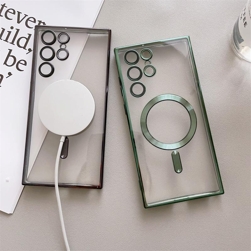Luxury Transparent Plating For Magsafe Case For Huawei Mate 40 Samsung Galaxy S22 S23 S21 Ultra Plus Wireless Charge Silicone Clear Cover Cases