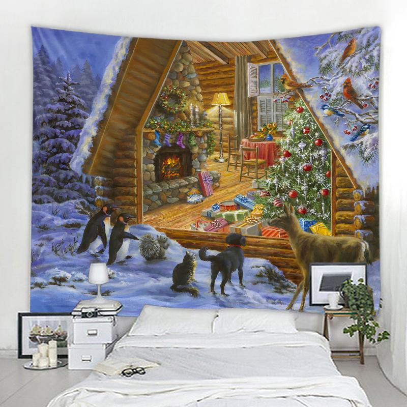 Christmas Decorative Tapestry Red Santa Claus Christmas Tree Fireplace Art Wall Hanging Home Holiday Wall Blanket Tapestries