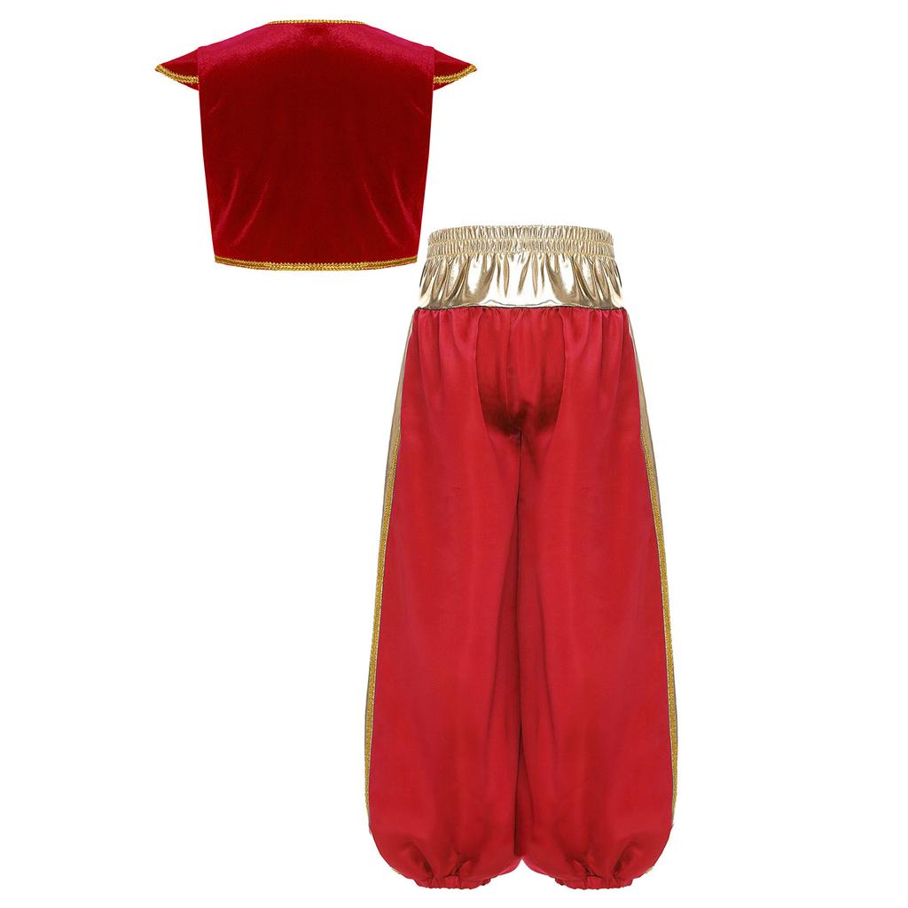 Boys Arabian Prince Costume Set Cap Sleeve Braided Vest Metallic Shiny Patchwork Contrast Color Bloom Pants