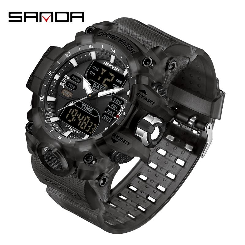 SANDA G Style Шагомер Калориметр Одиночные Электронные Часы Ночная Подсветка Водонепроницаемые Спортивные Двойной Дисплей Светодиодные Цифровые Кварцевые Мужские Часы