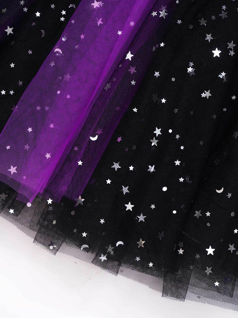 Girls Witch Costume Short Bubble Sleeve Glittery Mesh Tutu Dress Halloween Cosplay Dress Up