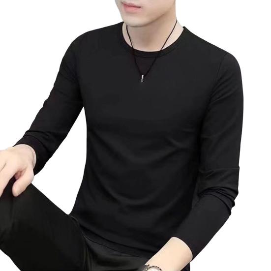 Men Top Solid Color Long Sleeve Round Neck Tee for Daily Wear Mid Length Lightweight Material Casual Style Sport Bottoming T-shirt