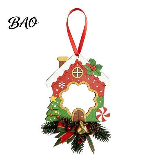 Festive Tree Pendants Wooden Christmas Ornaments, 2D Stocking House Shaped Photo Frame Hanging Indoor Holiday Decor, Xmas Ornament for Family