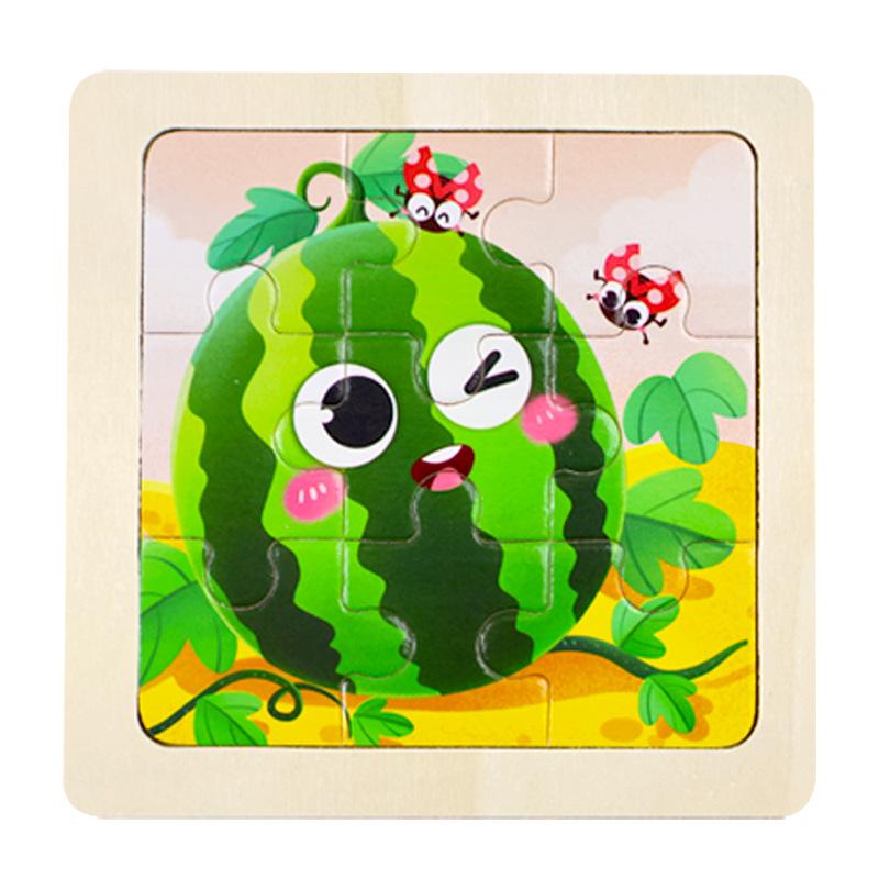 Деревянная jigsaw-головоломка из 9 деталей для детей - Мультяшная тематика: Фрукты, Животные и Транспорт. Когнитивная игрушка