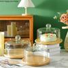 Bamboo Wood Cake Pan Transparent Glass Cover Wooden Bottom Cake Stand Dessert Table Display Stand Rotatable Tray Dessert Plate
