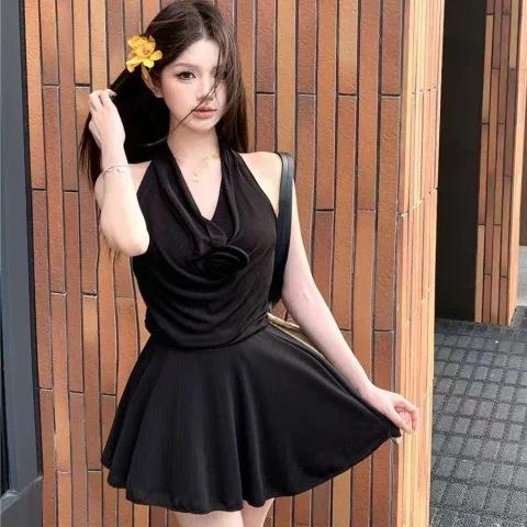 New Sexy Spice Girl Fashion Three-dimensional Flower Lace Fake Two-piece Dress Slim Fit Waist Cover Short Dress