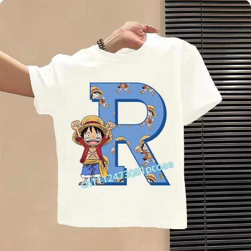 One Piece letter AZ childrens pure cotton shortsleeved boys sports shirtgirls casual top with cartoon printsummer Tshirt