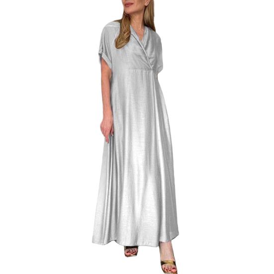 Весеннее женское платье с V-образным вырезом и коротким рукавом, свободное, трапециевидное, чистого цвета, длиной до щиколотки