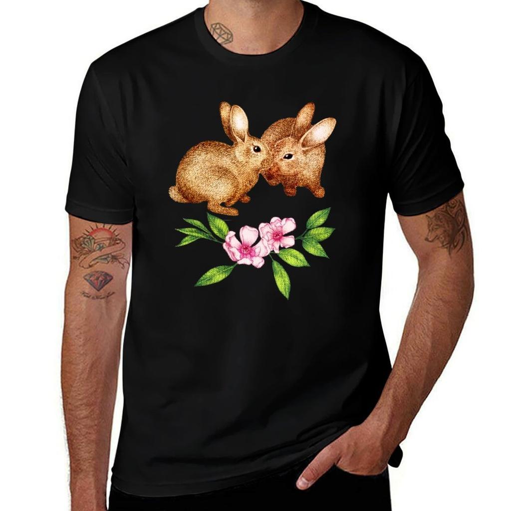 Vintage Rabbit Pair in Spring TShirt Minimalist Plain Crew Neck TShirt