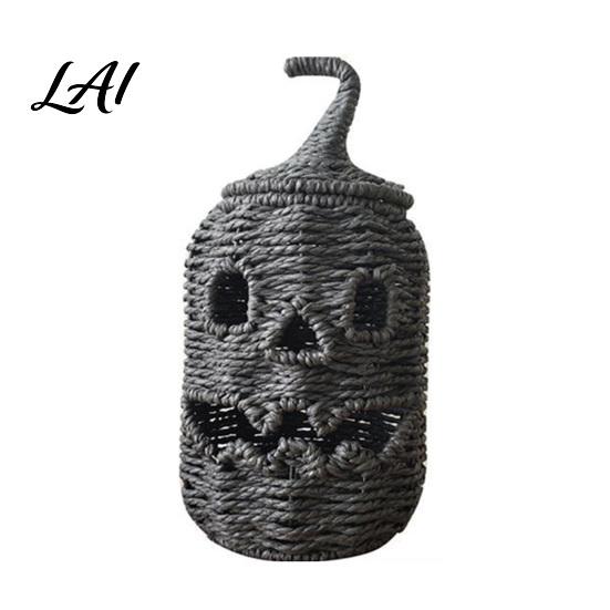 Retro Dark Style Living Room Decor Handwoven Pumpkin Lantern Vintage Rustic Halloween Decor Hollow Smile Versatile Window Display Props Face Storage