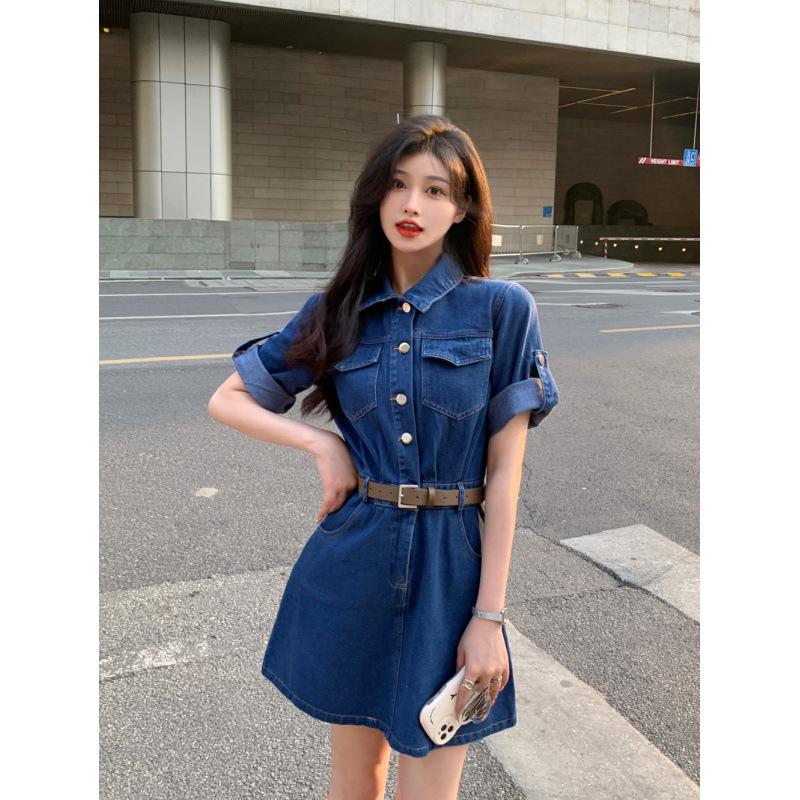 Real Shot Plus Size Denim Short Sleeve Dress для женщин - Летняя коллекция, утягивающий дизайн талии