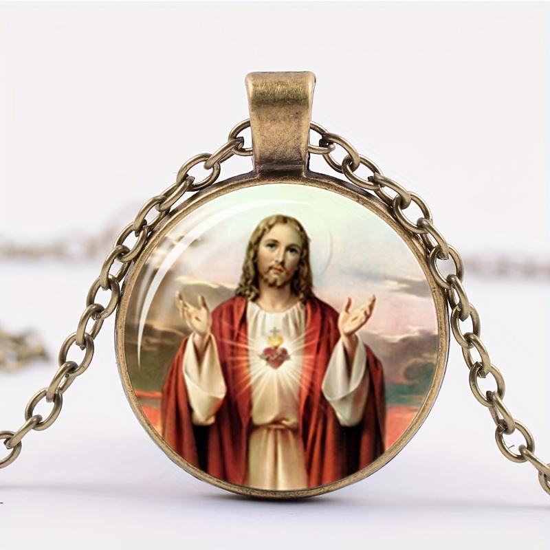 Vintage Jesus Virgin Mary Necklace Time Gemstone Glass Alloy Material Necklace