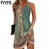 Women's Fashion Summer Flower Pattern Print Sleeveless V-Neck Middle Waistline Casual Dresses
