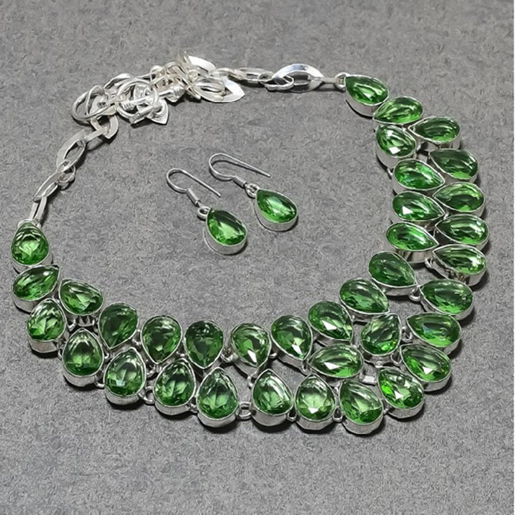 Green Amethyst Pear Shape Gemstone Jewelry Set Handmade Latest Necklace Earrings