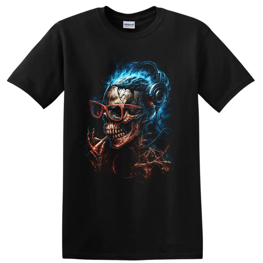 Skull Headphones Glasses T Shirt Blue Red Neon Gothic Music Lover Art Tee