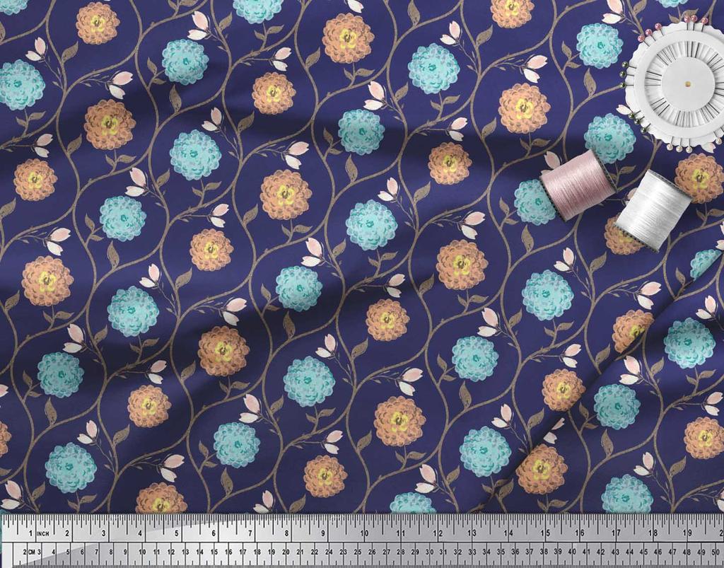 Soimoi Purple Poly Crepe Fabric Leaves & Button Chrysanthemum Floral Print Print Fabric by the Metre 42 Inch