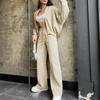 Women's Vintage Solid Two-Piece Outfit for Autumn  Casual O-Neck Zipper Coat + Lace-Up Pants, Thick   Sporty Style