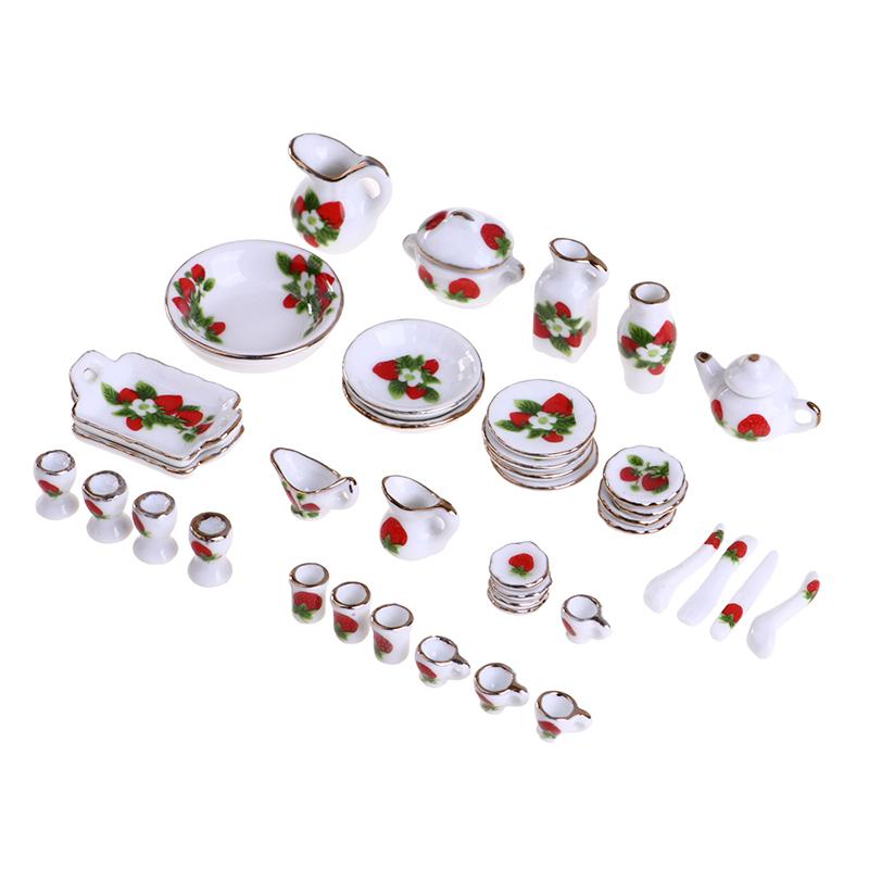40Pcs 1:12 Dollhouse Miniature Tableware Porcelain Ceramic Tea Cup Dishes Set
