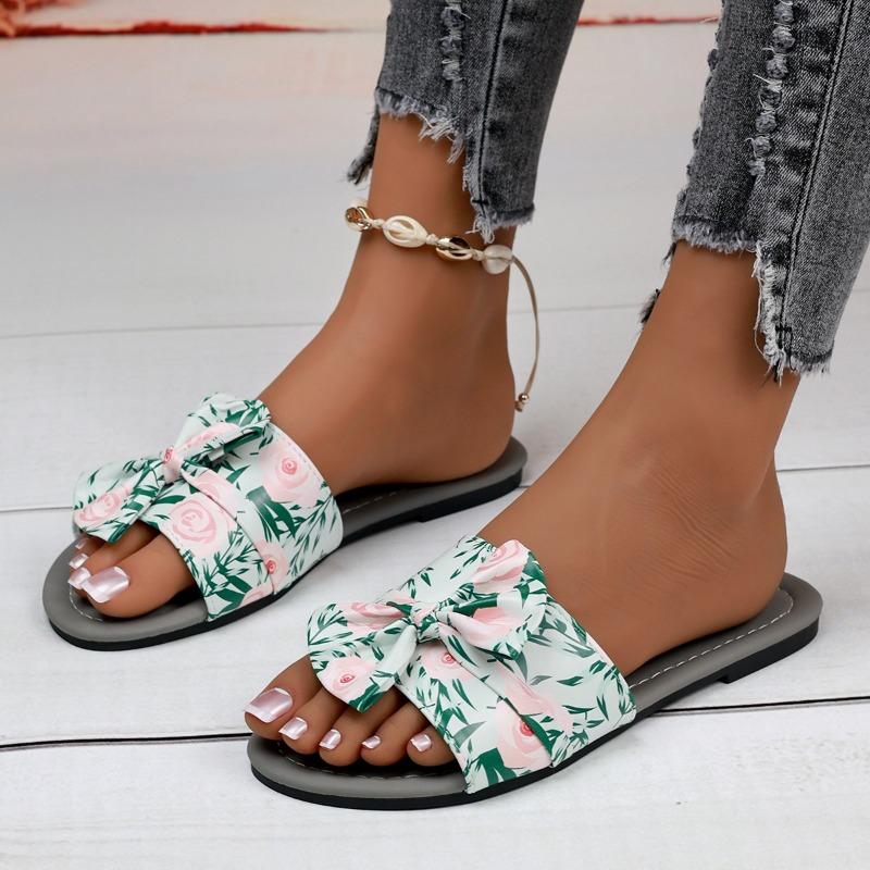 Fashion Butterfly-Knot Decoration Women Flat Slippers Fashion Print Woman Open Toe Slides Summer New Lightweight Slip On Women Shoes