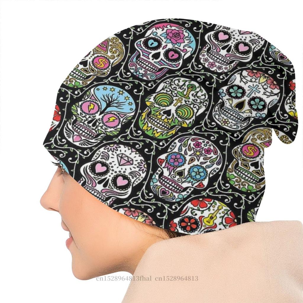 Шляпы-капоты Хэви-метал 1960-х годов Панк-рок Унисекс Женская вязаная шапка Мексиканский череп с узором Зимняя теплая шапка Дизайн Skullies Шапочки Шапки