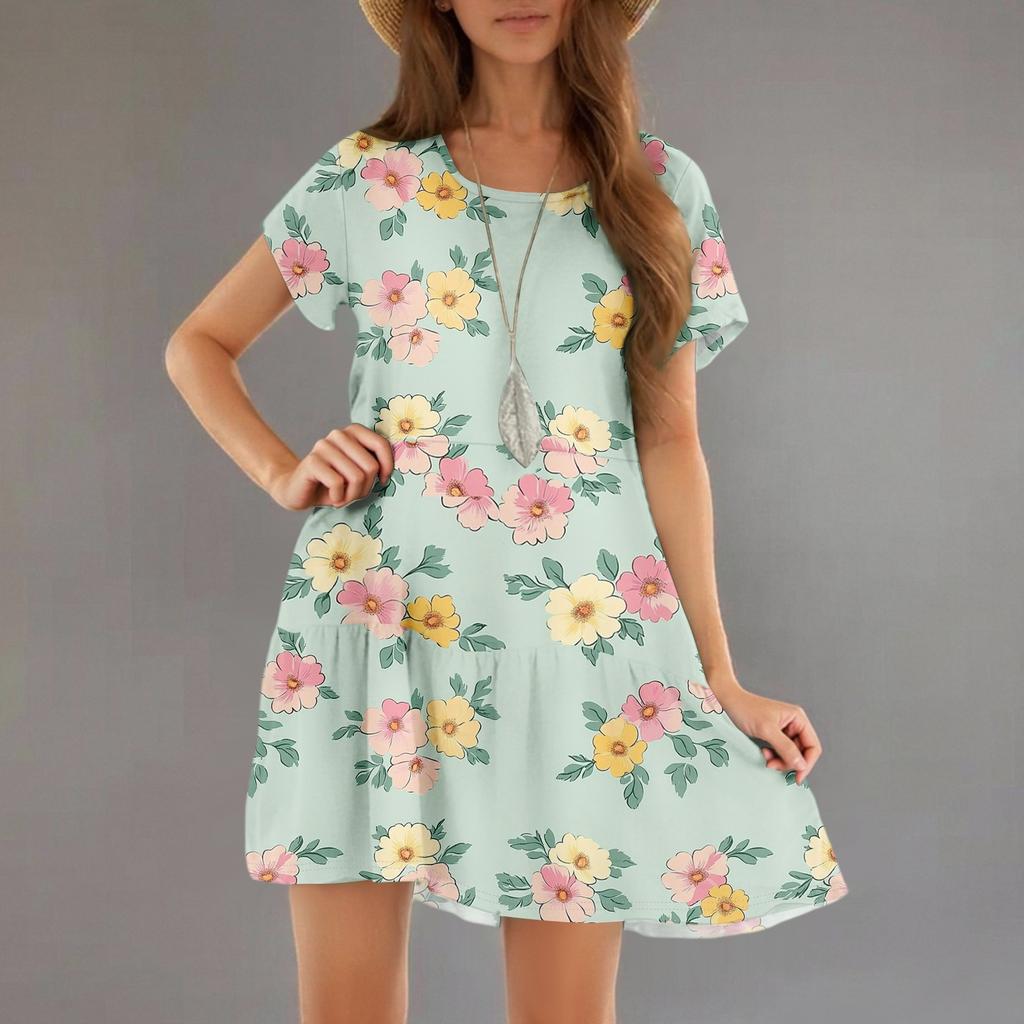 Women's Fashion Casual Round Neck Short Sleeve Ruffle Gradient Printed Dresses