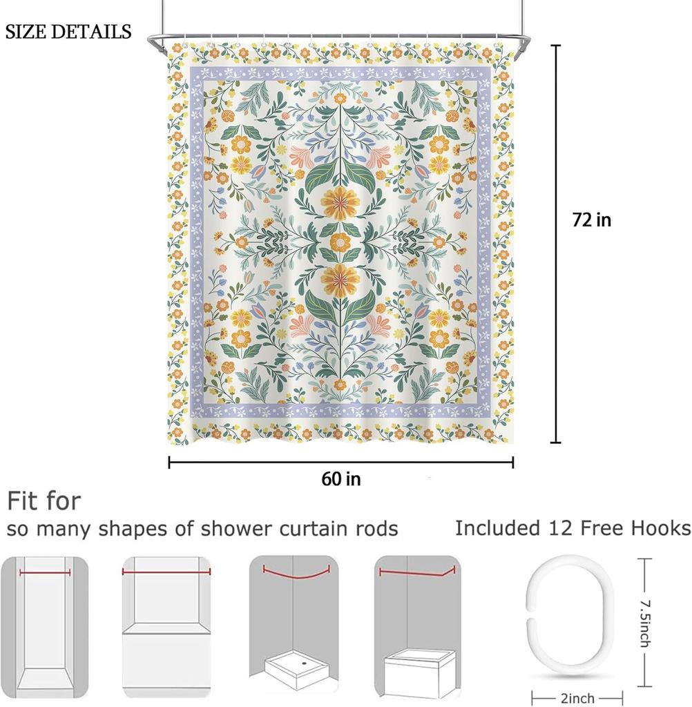 Boho Vintage Flower Shower Curtain Sets For Bathroom Retro Floral Shower Curtain Rustic Country Polyester Bathtub Curtain