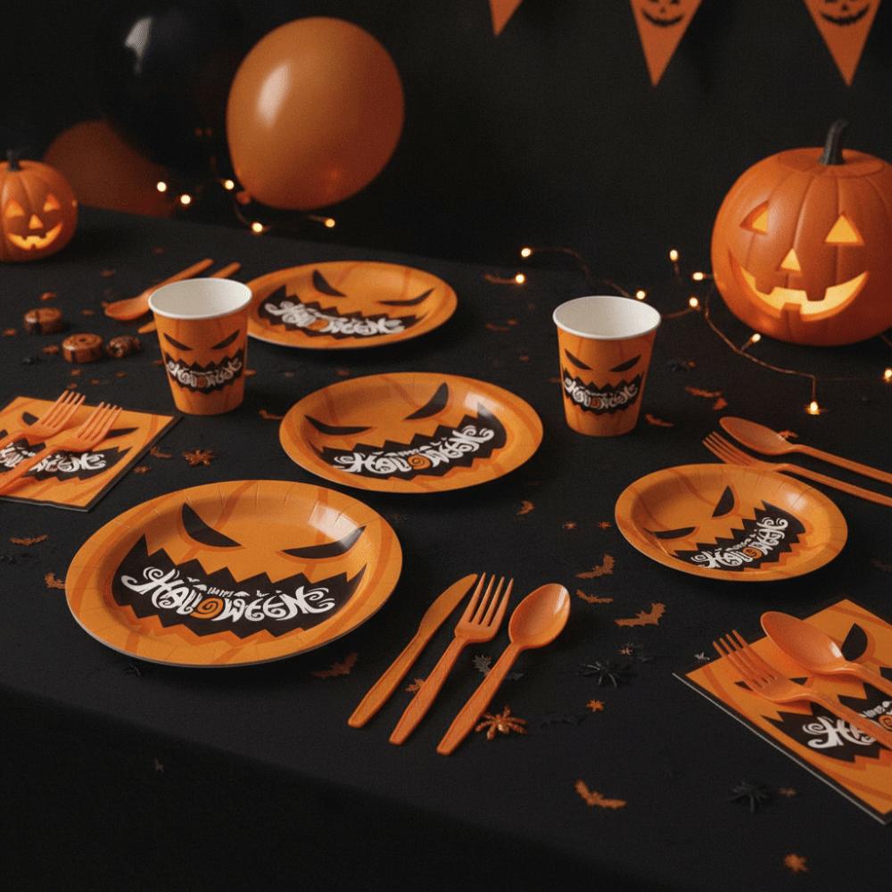 Decorative Disposable Plate Cup Set Pumpkin Pattern Disposable Utensils Set Ghost Festival