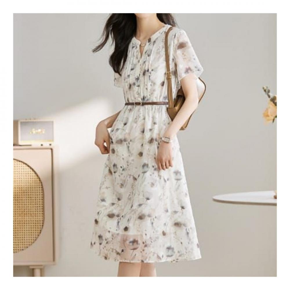 Navava Women Flower Pattern Thin Short Sleeve Dress No746