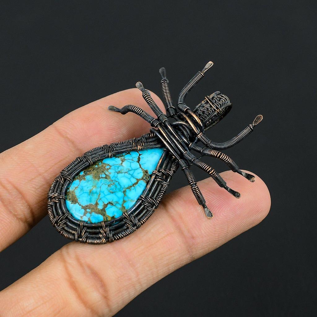 Tibetan Turquoise Pendant, 999 Copper Wire Wrapped Gemstone Spider Shaped Jewelry, Handmade Pendant, For Thanksgiving