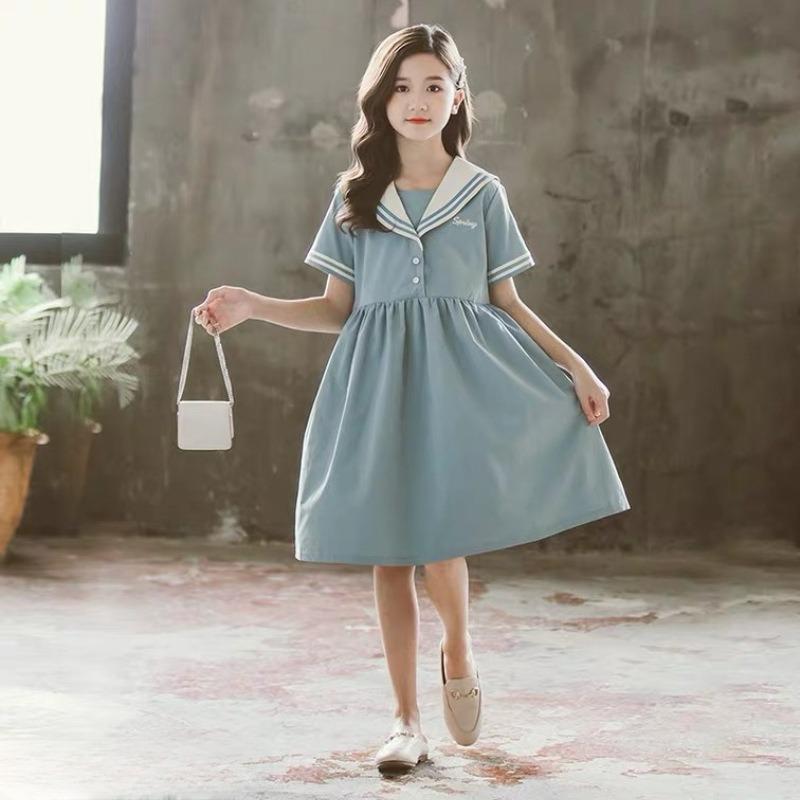 Весна и лето Новое платье принцессы с коротким рукавом и воротником для девочек