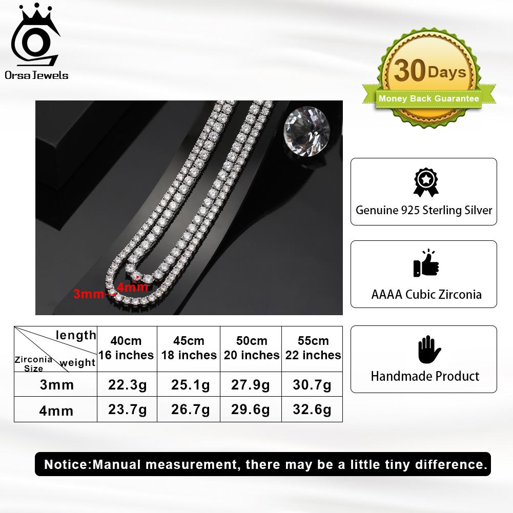 ORSA JEWELS Роскошное Серебряное Ожерелье-Цепь Тонкая 3/4 мм 'Теннисное' для Женщин Модное Круглое Ожерелье с Кубическим Цирконием Ювелирное Изделие SC74