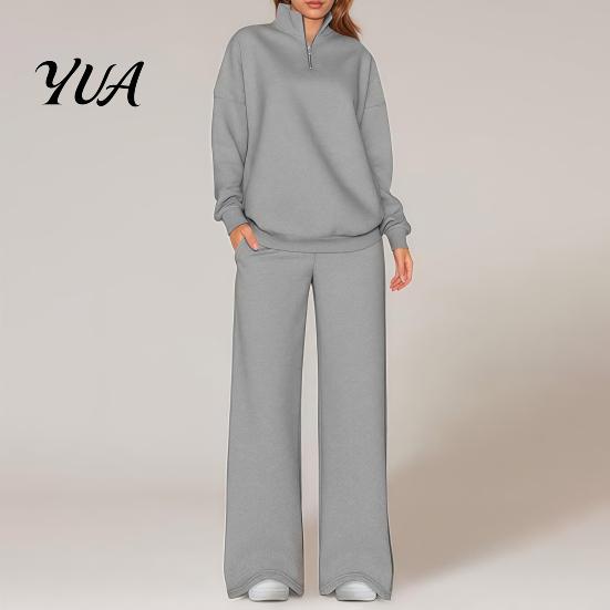Comfortable Travel Clothes for Women 2Pcs/Set Oversized Loungewear, Quarter Zipper Sweatsuit Long Pants Set, Loose Coordinating Lounge Set Fit Sleeve