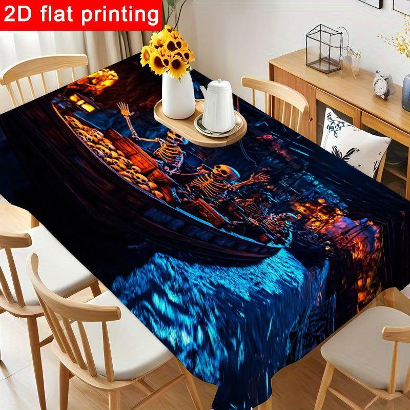 1pc Haunted Pirate Tablecloth Suitable for Halloween, Pirate Parties, Themed Decorations - Spooky Dark Blue Round/Square Table Cover with Skeletons &