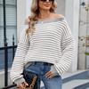Women's Fashionable Striped Contrasting Temperament One Neck Knitted Sweater Top