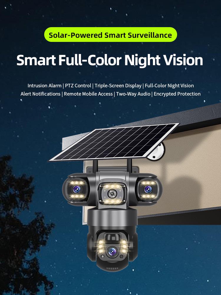 4G Камера видеонаблюдения на солнечной батарее с тремя объективами и видом с трех экранов