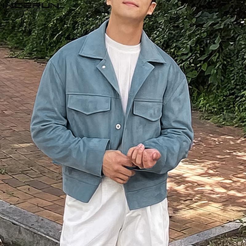 INCERUN Men Lapel Neck Long Sleeve Buttons Up Motorcycle Style Suede Jackets Coats