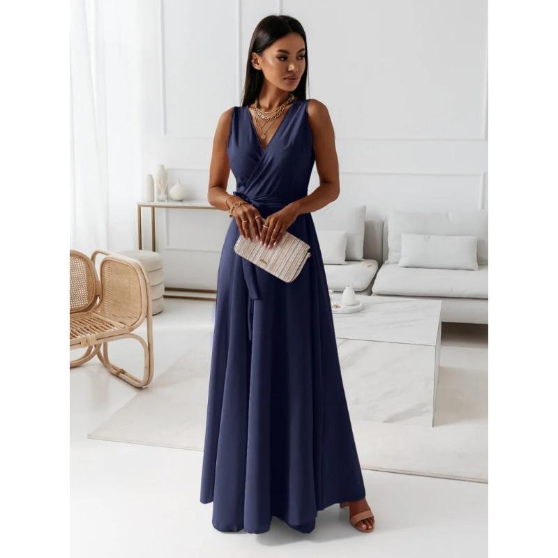 Женская мода лето весна однотонный принт без рукавов с v-образным вырезом и высокой талией повседневные платья