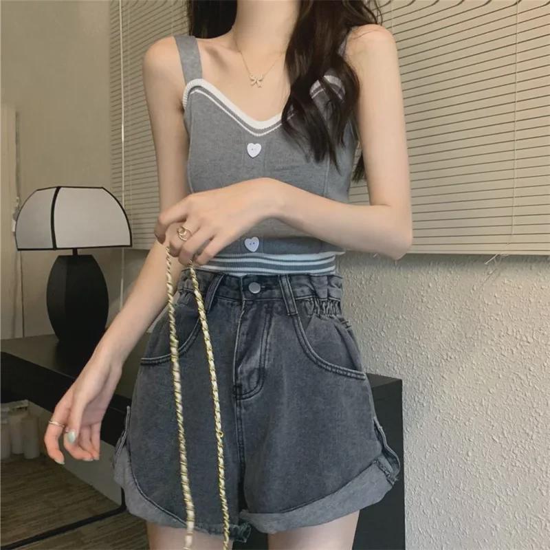 Женский контрастный жилет Love Button Camisole Vest - летний трикотажный укороченный топ 2024 года