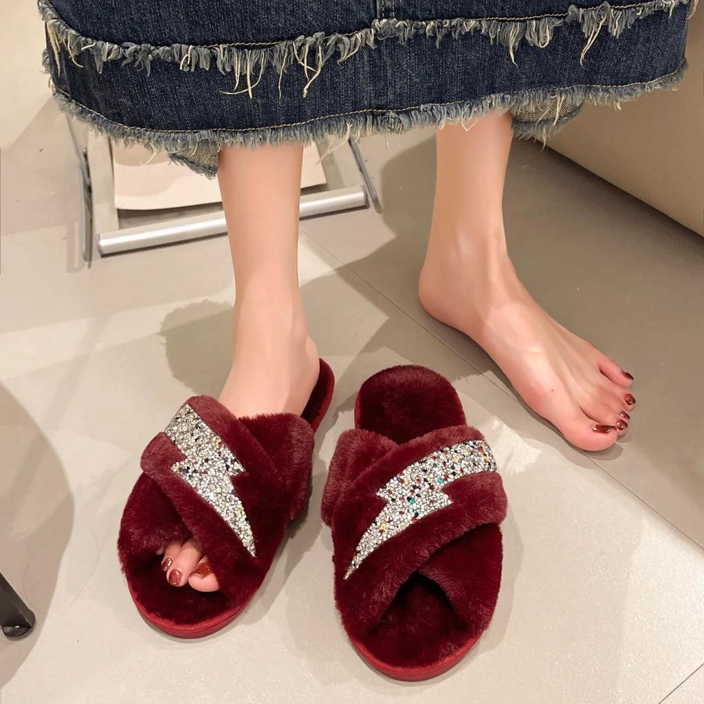 Плоские пушистые меховые тапочки женские блестящие теплые меховые тапочки женские шлепанцы домашние тапочки плоские тапочки для дома