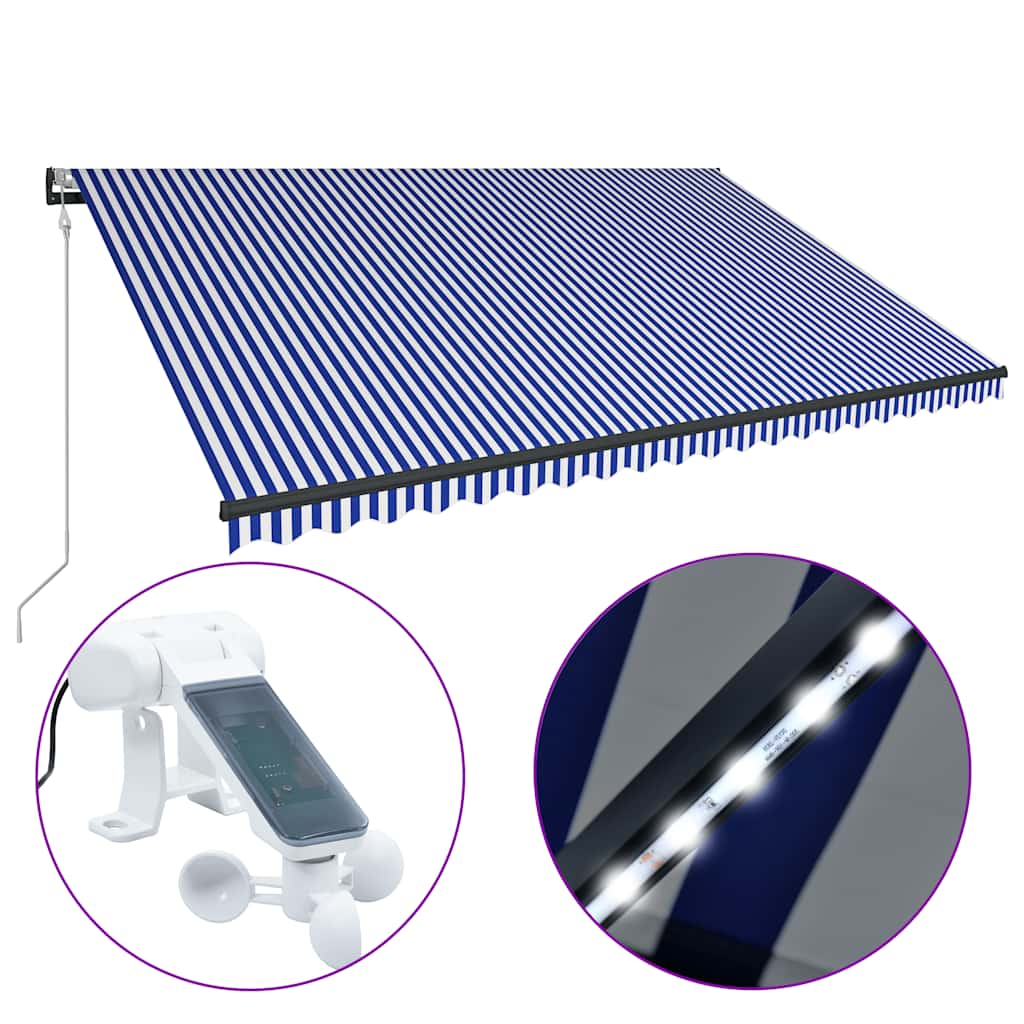 Retractable Awning with Wind Sensor & LED Lights 500 x 300 cm Blue and White