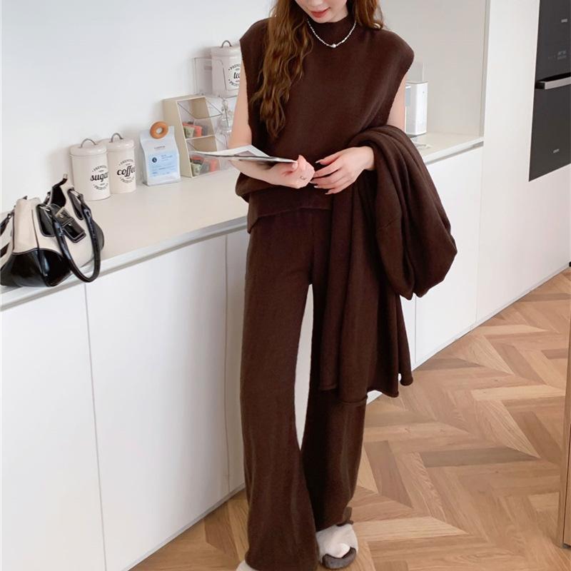 Европейская коллекция andn spot 2024 года, осенне-зимний комплект из жилета, длинного свитера, вязаного свитера и широких брюк, комплект из трех предметов, черный, один размер