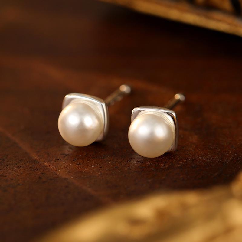 Серьги Banyan Tree S925 из корейского серебра с квадратным жемчугом — простые, маленькие, высококачественные украшения для женщин