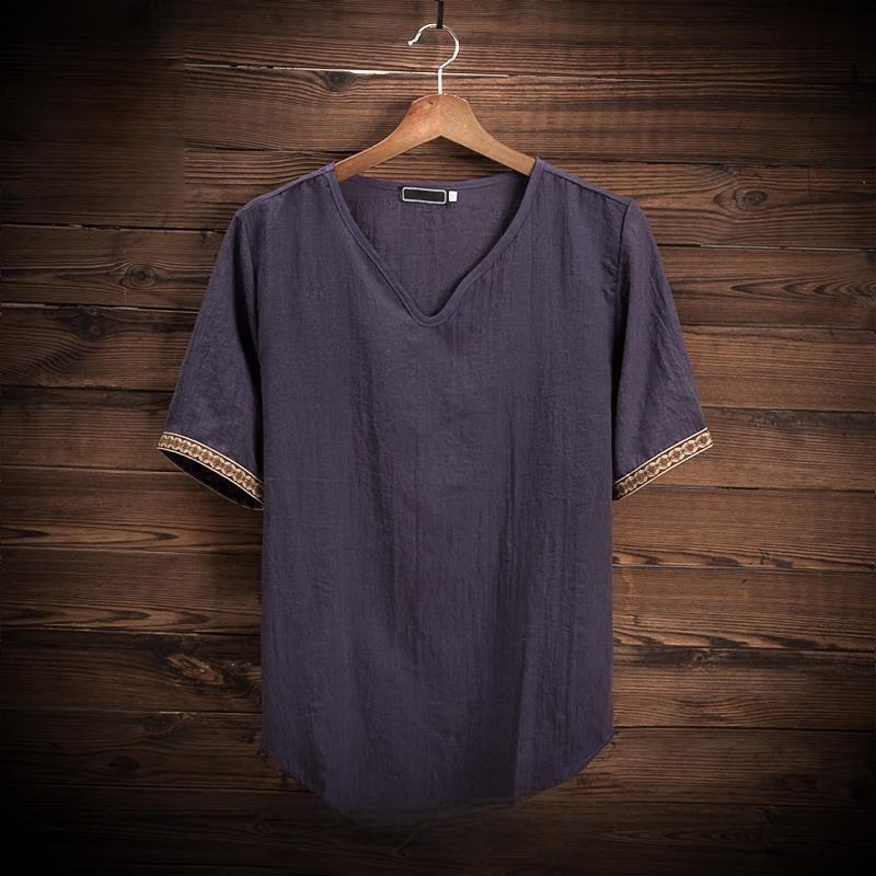 Мужская летняя корейская футболка из хлопка и льна с V-образным вырезом и коротким рукавом — дышащая, универсальная, модная, с коротким рукавом для больших размеров