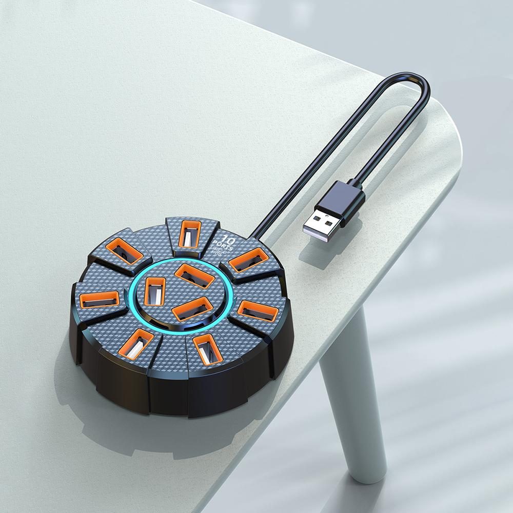1.2m 10 Ports HUB 7 Colors RGB Backlight USB2.0 Cable Splitter 1 in 10 out Mouse Keyobard Printer Extend Adapter Dock